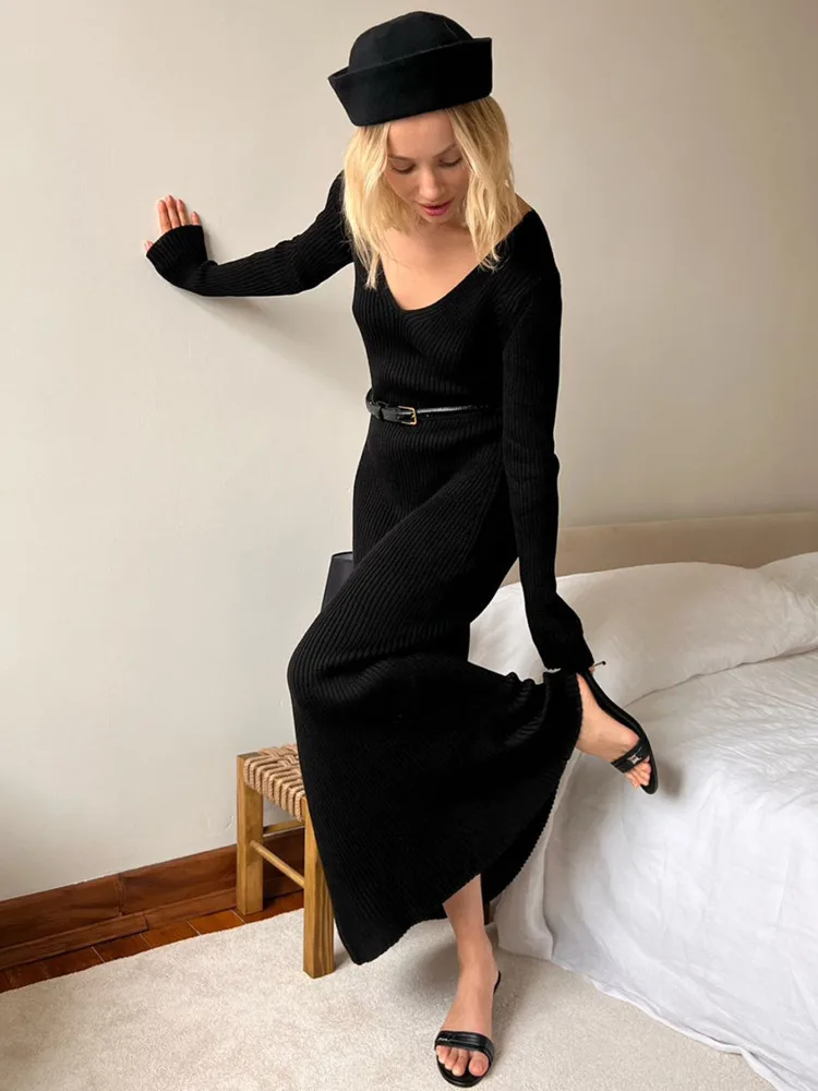 Blifanbo Stricken Elegante V-ausschnitt Maxi Kleid Frauen Herbst Winter Dünnes Langes Kleid Pullover Stricken Bodycon Mode Langes Kleid Streetwear