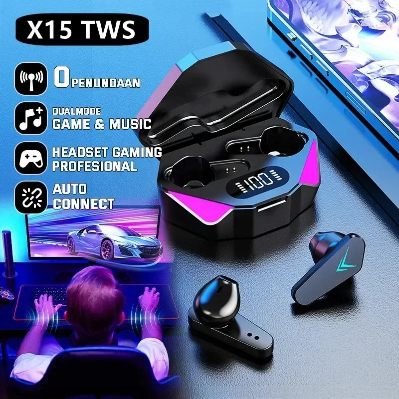 Headphone bluetooth X15 TWS, Earphone nirkabel 5.3 65ms latensi rendah, Headset Gaming Esport dengan mikrofon untuk xiaomi iphone