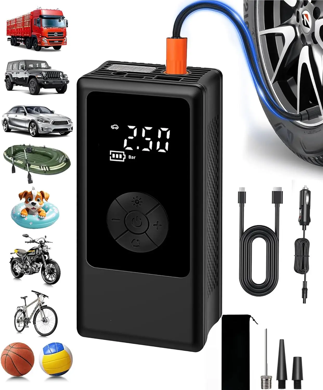 Portable Tire Inflator 150PSI Air Compressor with Gauge, Cordless Car & Bike Pump for Tires, Basketball, Sports Balls