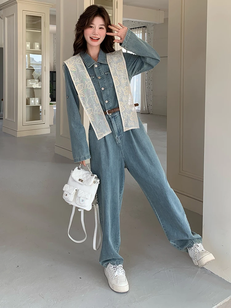 Niebieskie, codzienne spodnie dżinsowe z koronką na ramieniu, jednoczęściowe, damskie, wiosenno-jesienne, nowe, luźne, z szerokimi nogawkami, z wysokim stanem, długie.