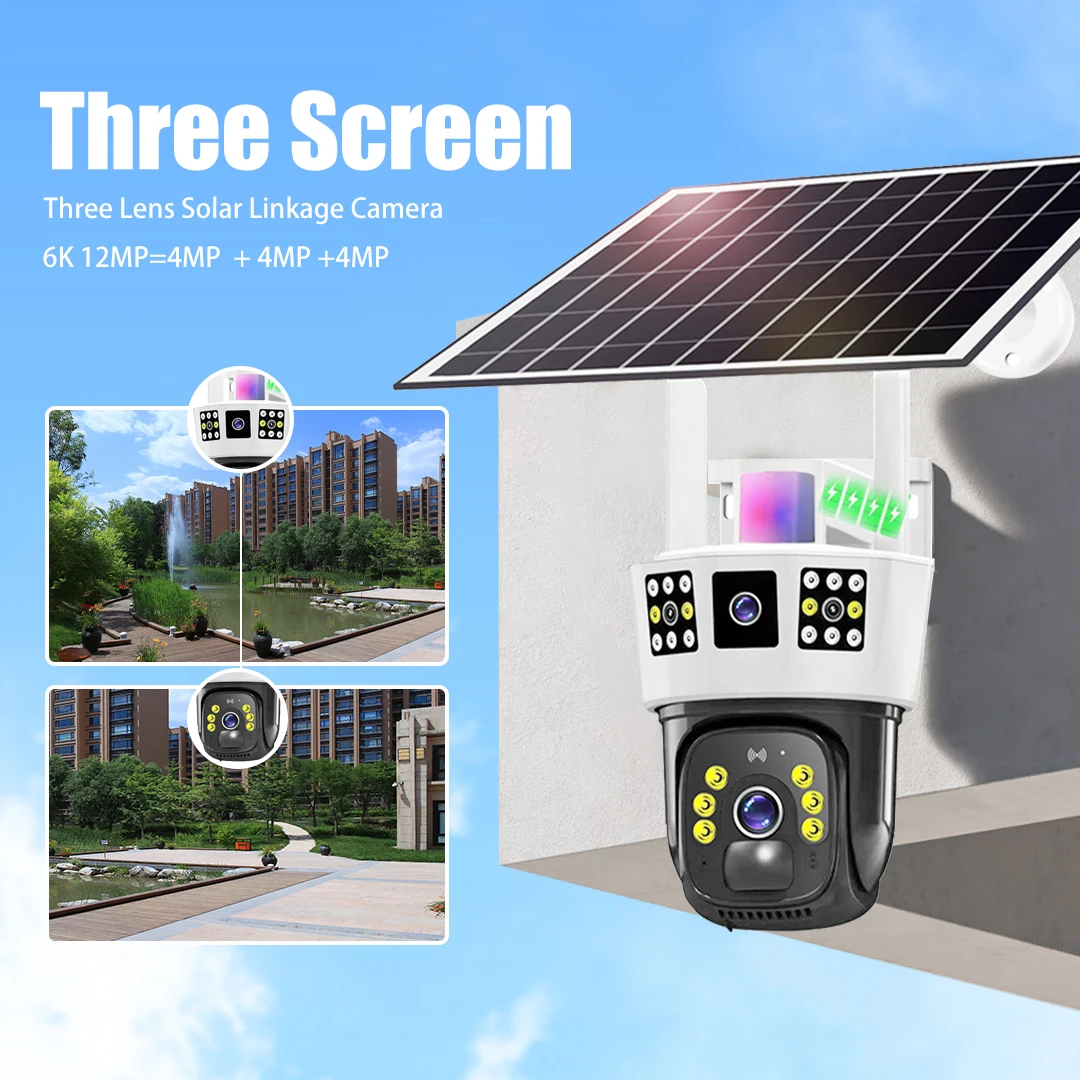 6K 12MP Solar Camera 4G Sim Outdoor Drie Lens Netwerk PTZ Surveillance Zonnebatterij CCTV AI Auto Tracking Beveiligingscamera V380