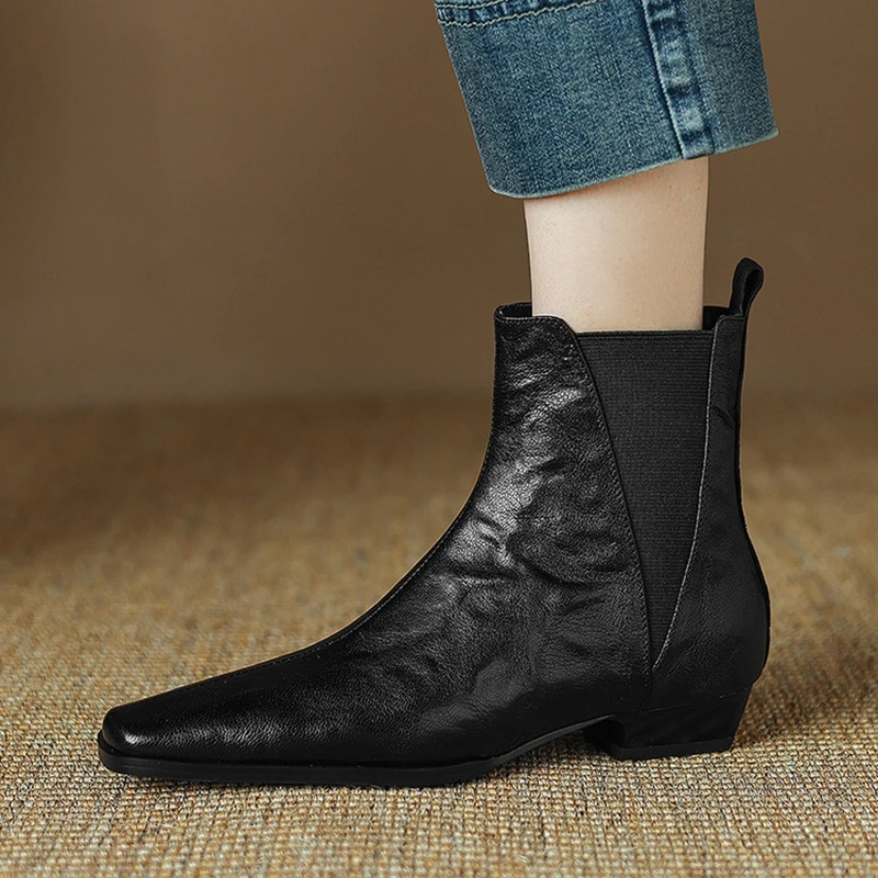 NEW Autumn Women Boots Genuine Leather Shoes for Women Square Toe Low Heel Shoes Concise Slip-on Short Boots Comfort Daily Shoes