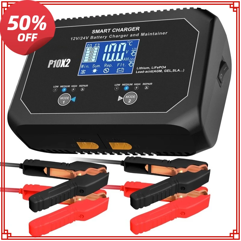 For Car Motorcycles Lifepo4 Lead Acid AGM GEL PB Lithium Car Battery Repair 12V 10A 24V 5A Dual Smart Battery Charger