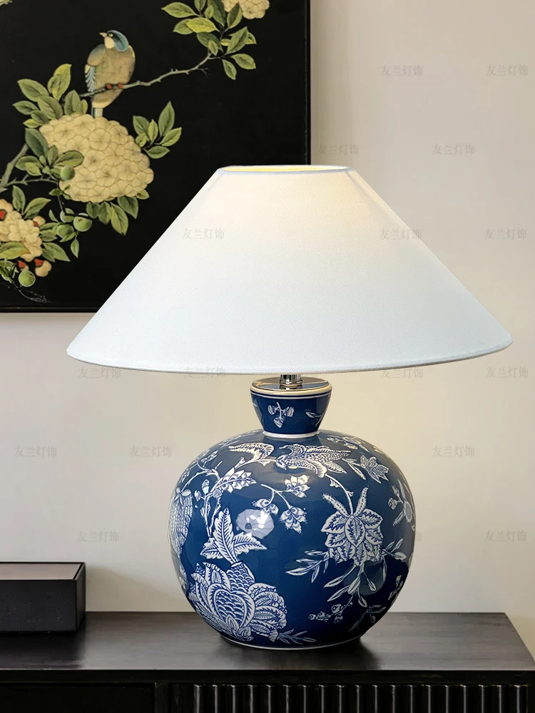 

Ceramic table lamp bedroom bedside lamp atmosphere new Chinese retro blue and white porcelain living room home decoration table