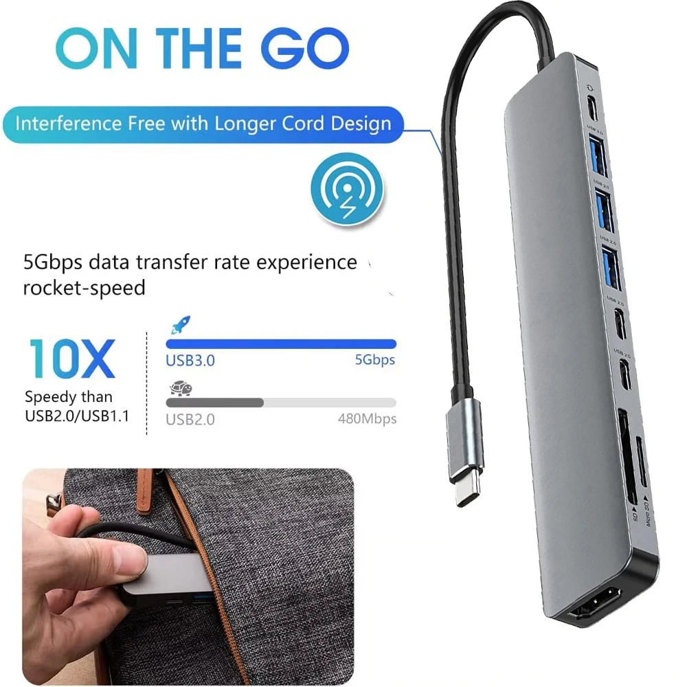 KEBIDUMEI USB 9 In 1 Type C To 4k HDTV HUB Adapter With SD TF Card Reader PD Fast Charge Splitter For Macbook Notebook Computer