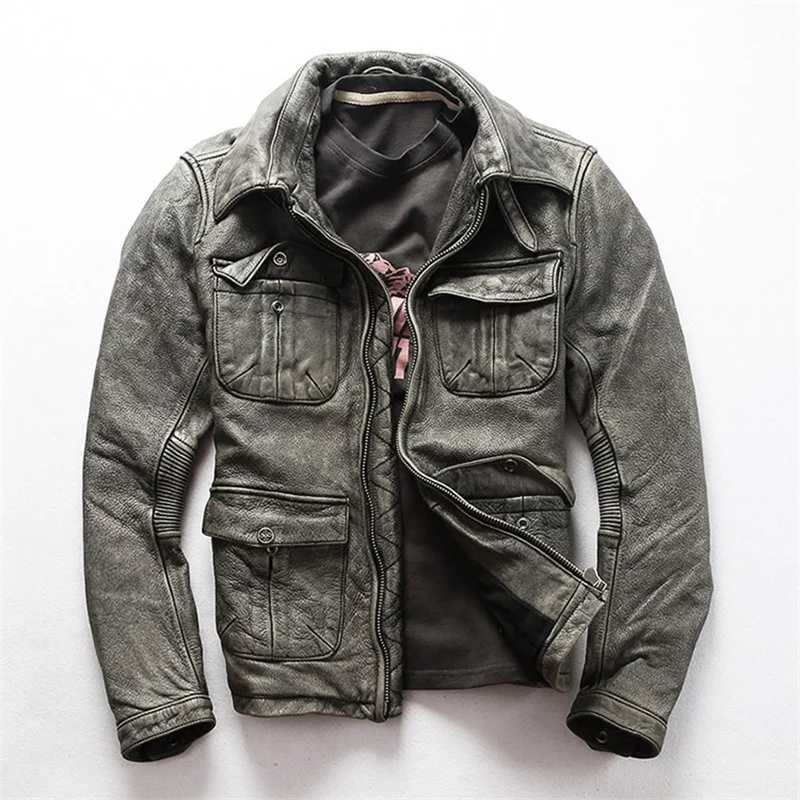 Vintage Grey Winter M65 Leather Jacket Men Retro Style Plus Size 5XL Genuine Natural Cowhide Four Pockets Leather Coat