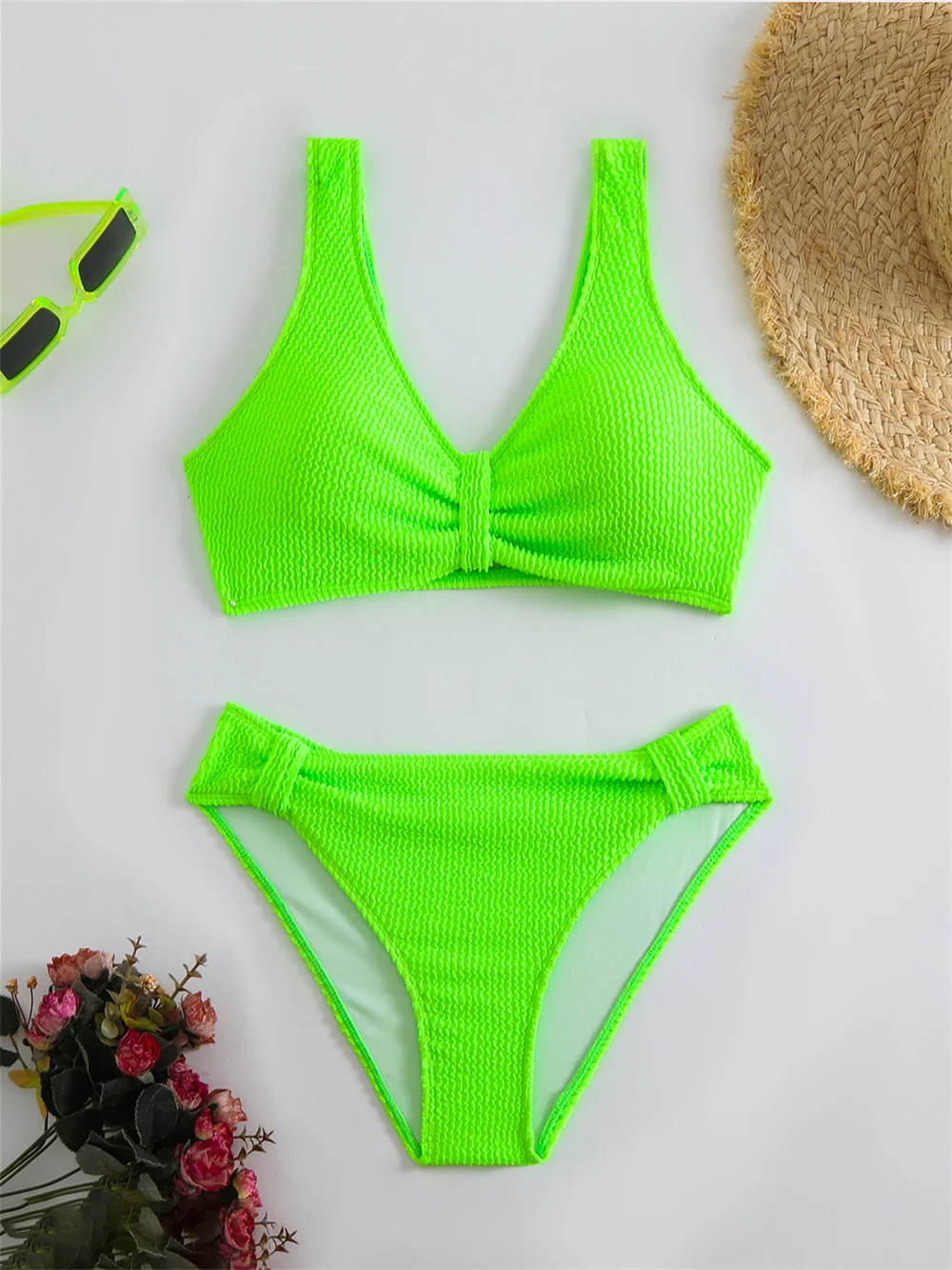 Conjunto de Bikinis Tankini verde Y2K, traje de baño acanalado con realce, trajes de baño sólidos para vacaciones, Bikini de playa para mujer, traje de baño femenino