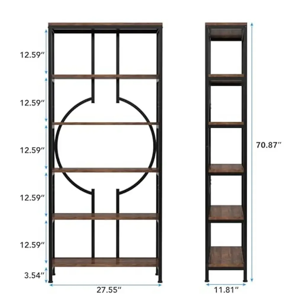 Industrial 6-Tier Wooden Metal Bookshelf Display Shelf Living Room Bedroom Office Storage Heavy Duty and Scratch Resistant