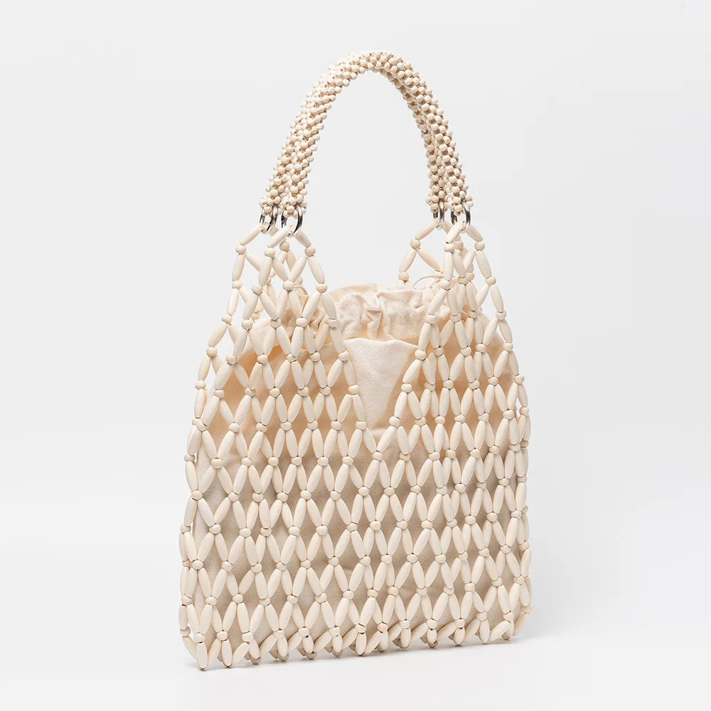 Handtasche aus Ahornholz, europäische und amerikanische gewebte Umhängetasche, Strandtasche für den Urlaub am Meer, neue Holzperlen-Tasche für Damen – Detail 7