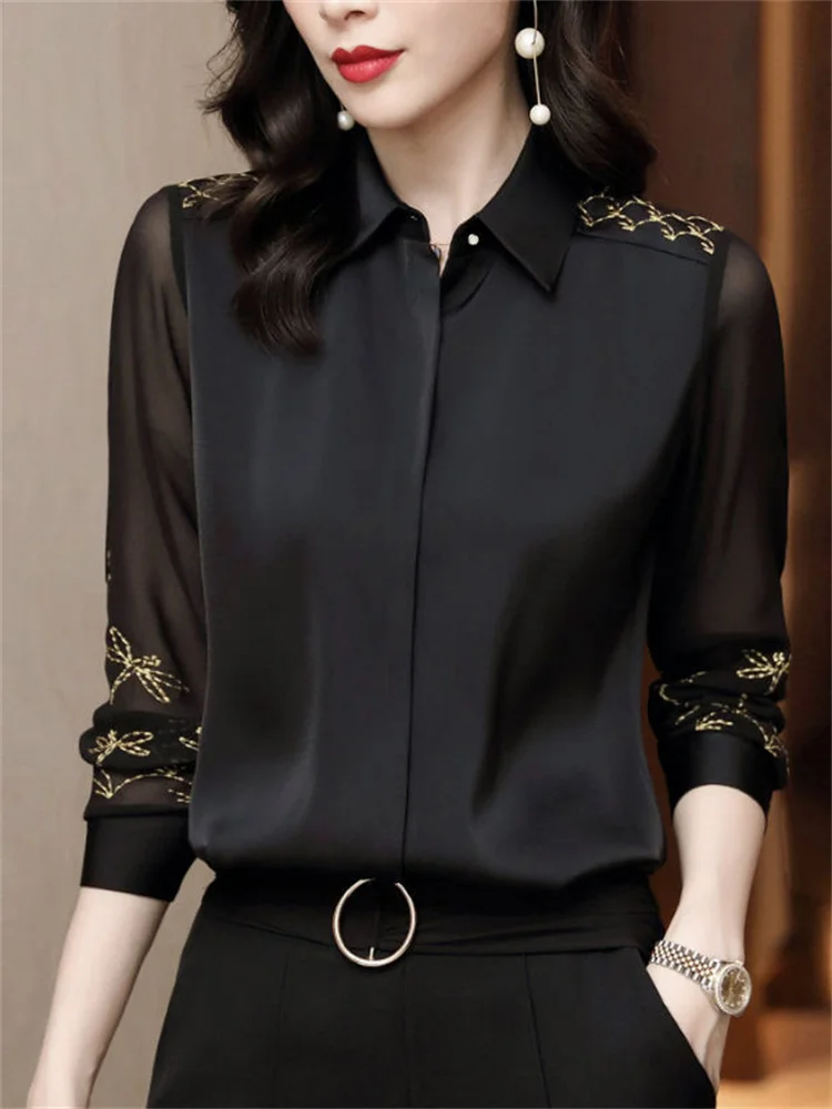 여성 쉬폰 블라우스 셔츠 레이디 자수 긴 소매 턴 다운 칼라 레이스 장식 블라우스 탑, 봄 가을 스타일