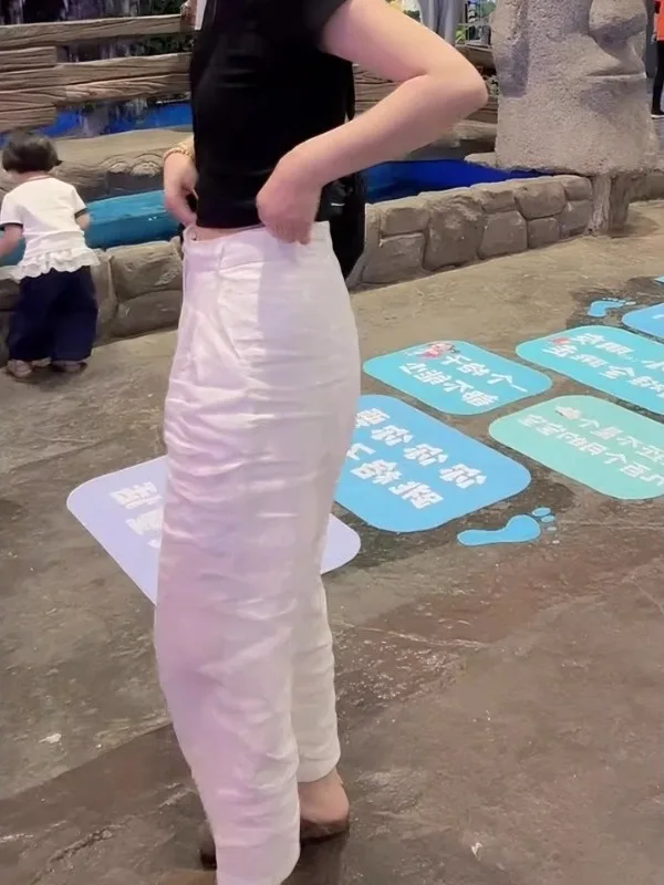 Pantalon taille haute à jambes larges, coupe ample, léger, mélange de coton et lin, coupe droite à neuf points, pour femmes de grande taille, été