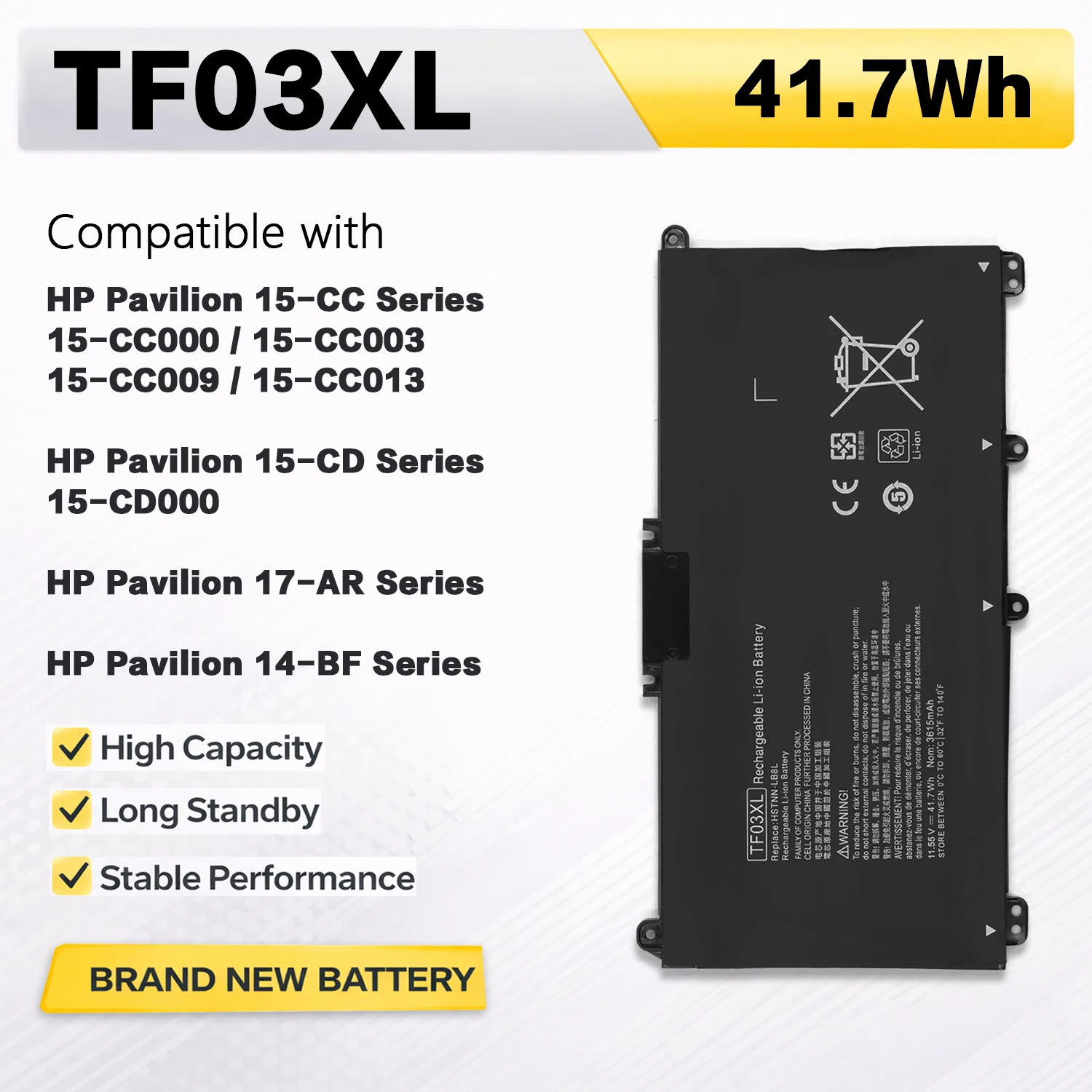 

Аккумулятор PowerHub TF03XL для ноутбуков HP Pavilion 15-CC, 15-CD, 14-BF, 17-AR серий, TPN-Q188, Q189, Q190, Q191, HSTNN-UB7J, LB7J, LB7X