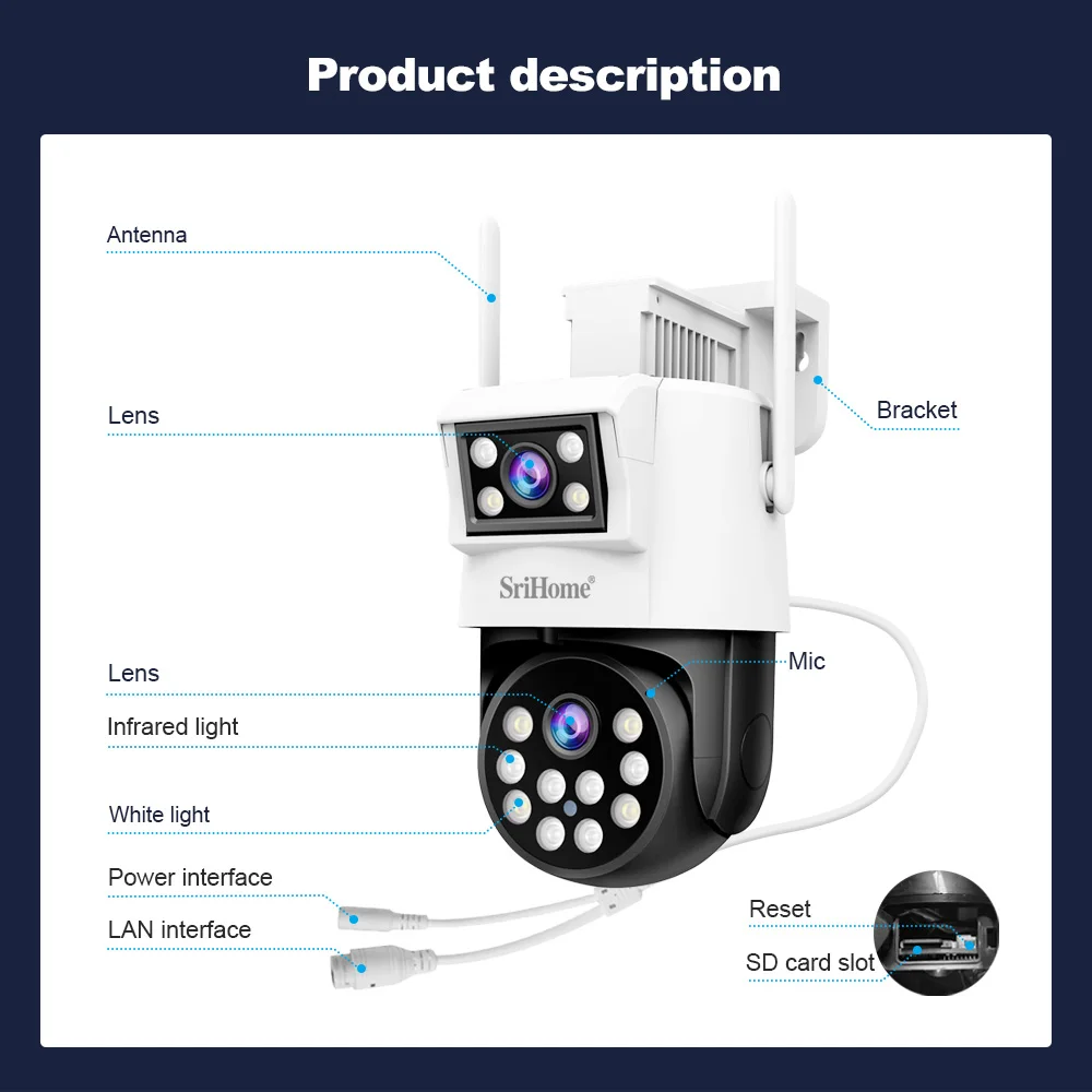 SriHome SH048 4MP AI Intelligent Binocular Ball Machine Camera PTZ PIR Detection Outdoor Multifunctional Camera