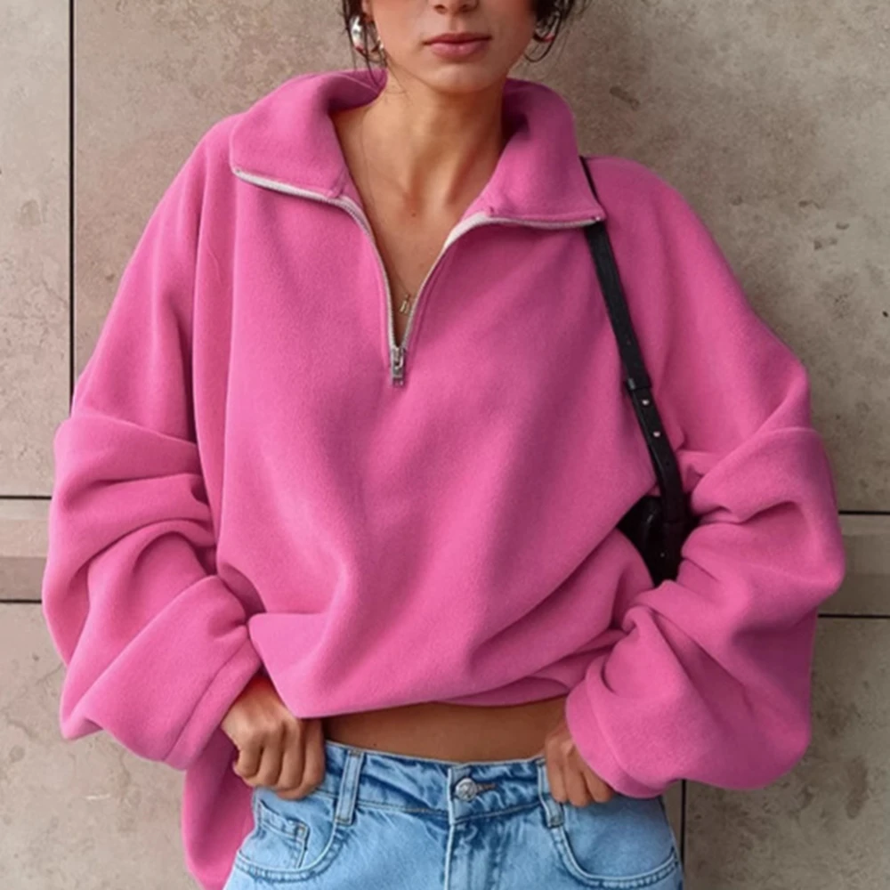 

Pink Knitwear Sweatshirts Women Zipper Long Sleeves Sporty Pullover Tops Street Style Casual Ladies Knitted Sweater