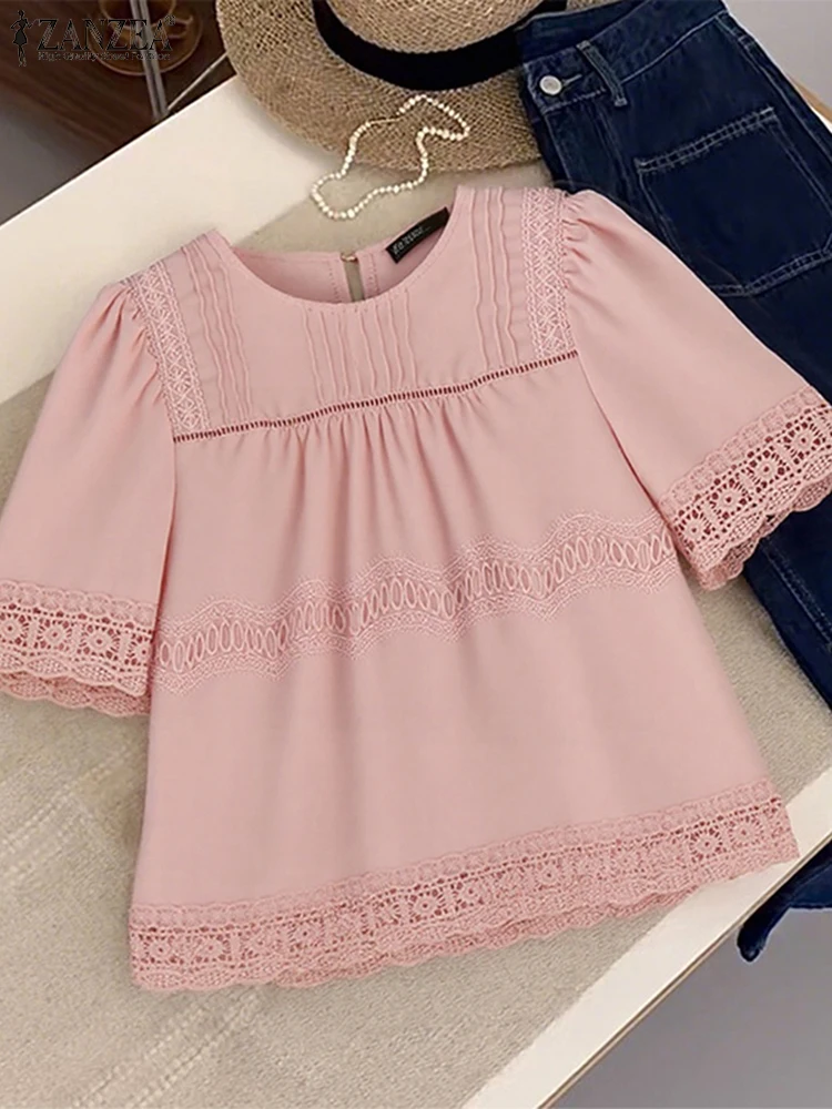

ZANZEA, женская кружевная блузка, летняя туника с коротким рукавом, лоскутные модные топы, 2025 г., повседневные свободные плиссированные рубашки с рюшами, рубашки оверсайз
