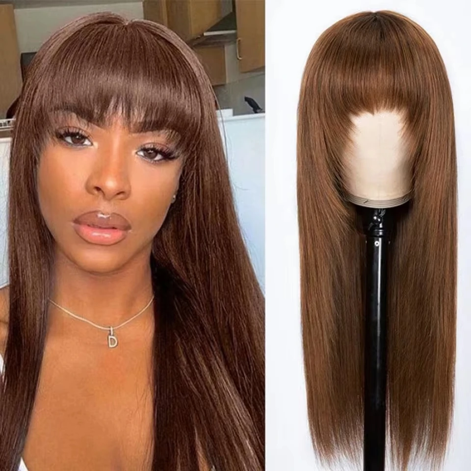 

QVR #4 Auburn Brown Straight Lace wig With Bangs Virgin Remy Human Hair Wigs Full Reddish Brown Bangs Wigs Human Hair Wig Easy