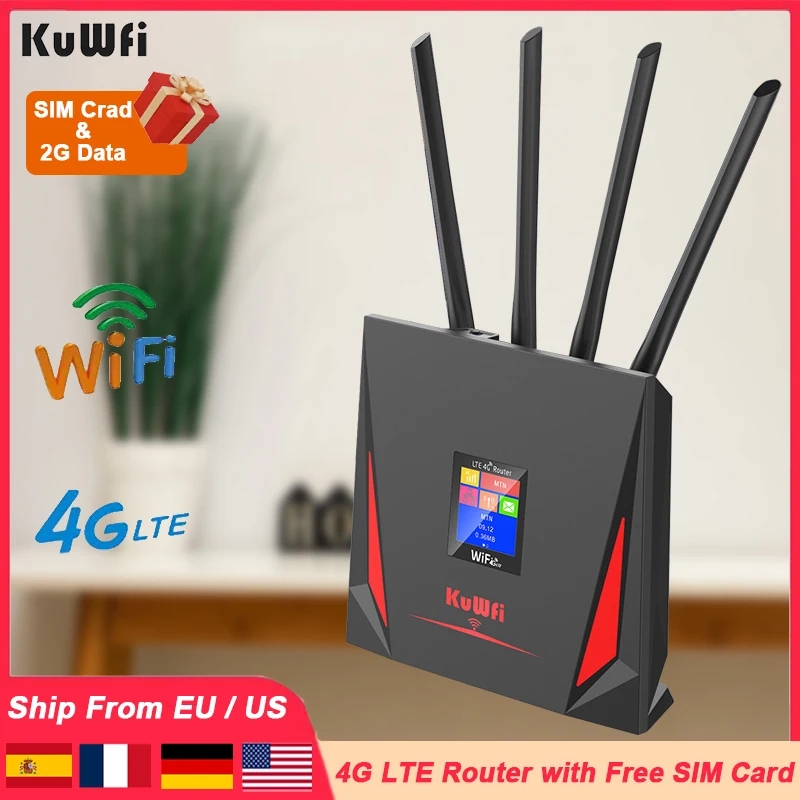 KuWfi 4G LTE Router CAT4 300Mbps Wifi Router 4G Modem with Free SIM Card RJ45 WAN LAN External Antenna Support 10 Users Connect