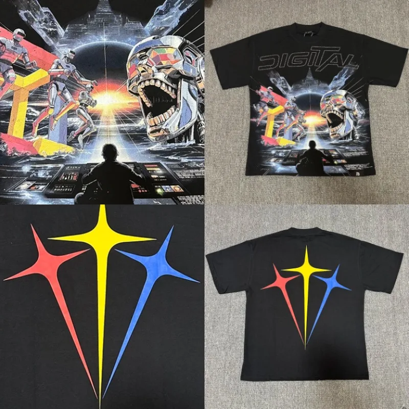 Summer New DIGITAL Men's T-Shirt, Black Vintage Graphic Short Sleeve, Cyber Robot Futuristic Space City Scene Casual Top