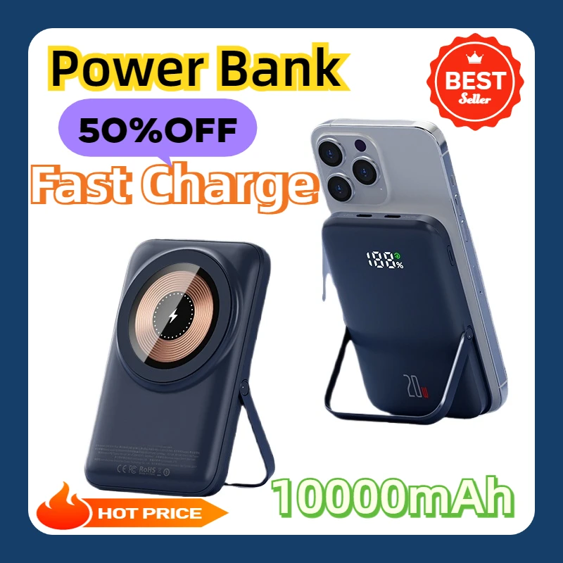 

For Wireless Charger Power Banks Fast Charge External Battery with Bracket for IPhone 15 14 13 Travel 10000mAh Powerbank