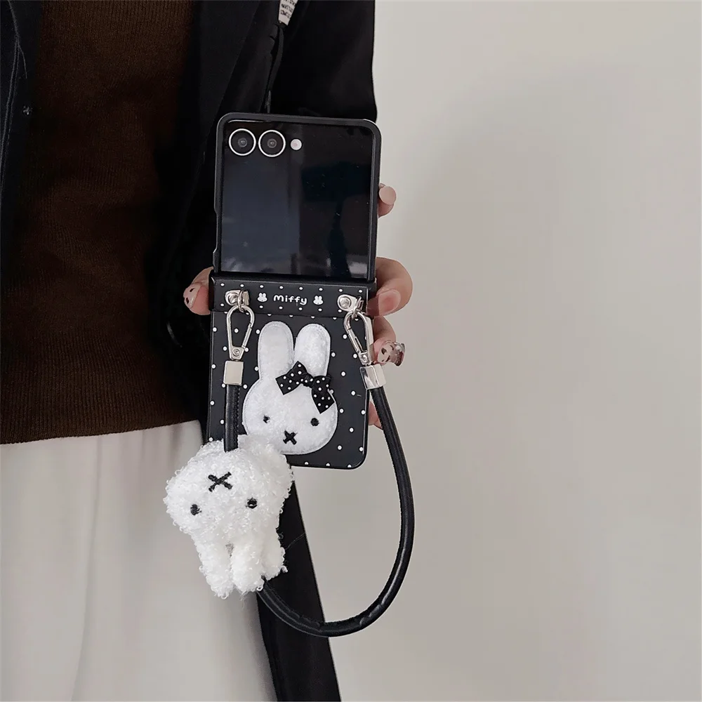 

Korean Simple Polka Dot Plush Rabbit Cute Phone Case for Samsung Galaxy Z Flip6 7FE Flip7 Flip5 4 3 Cover INS Protection Cases