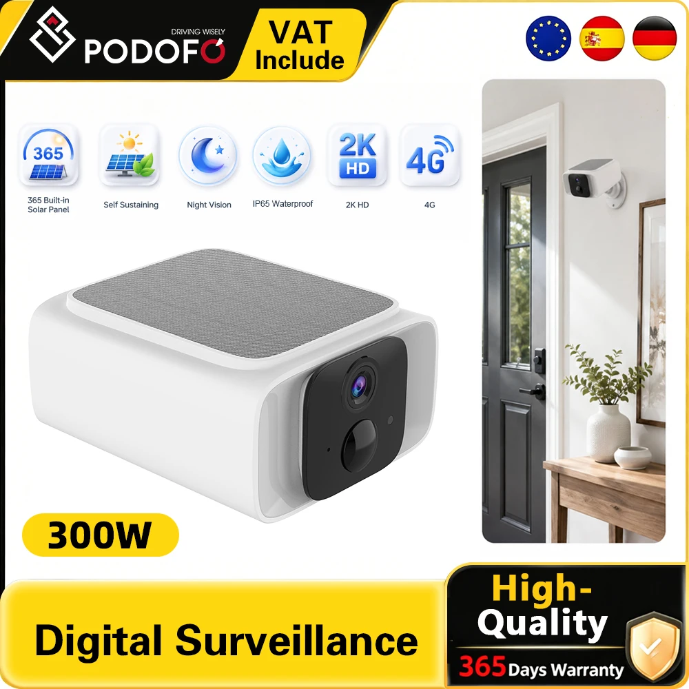 Podofo 2K Solar 4G Überwachungskamera für den Außenbereich, IP65, wetterfest, 64G, kabellose Überwachungskamera mit wiederaufladbarem Akku, KI-Bewegungserkennung, 2-Wege-Audio, Nachtsicht
