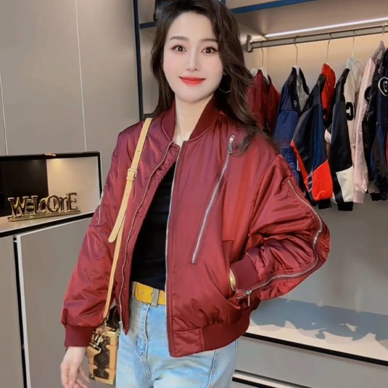 

Korean Female Long Sleeves Zipper Jacket Spring Autumn Ladies Solid Color Loose Outwear 2025 Women Fashion Short Baseball Coat