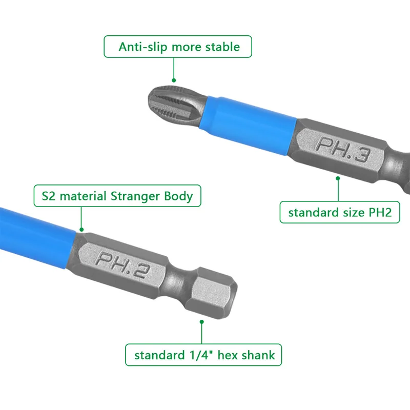 Bits Set For Electric Screwdriver Impact Anti Non-slip Magnetic Cross Tip PH1/PH2/PH3/PZ1/PZ2/PZ3 50mm Professional Hand Tools