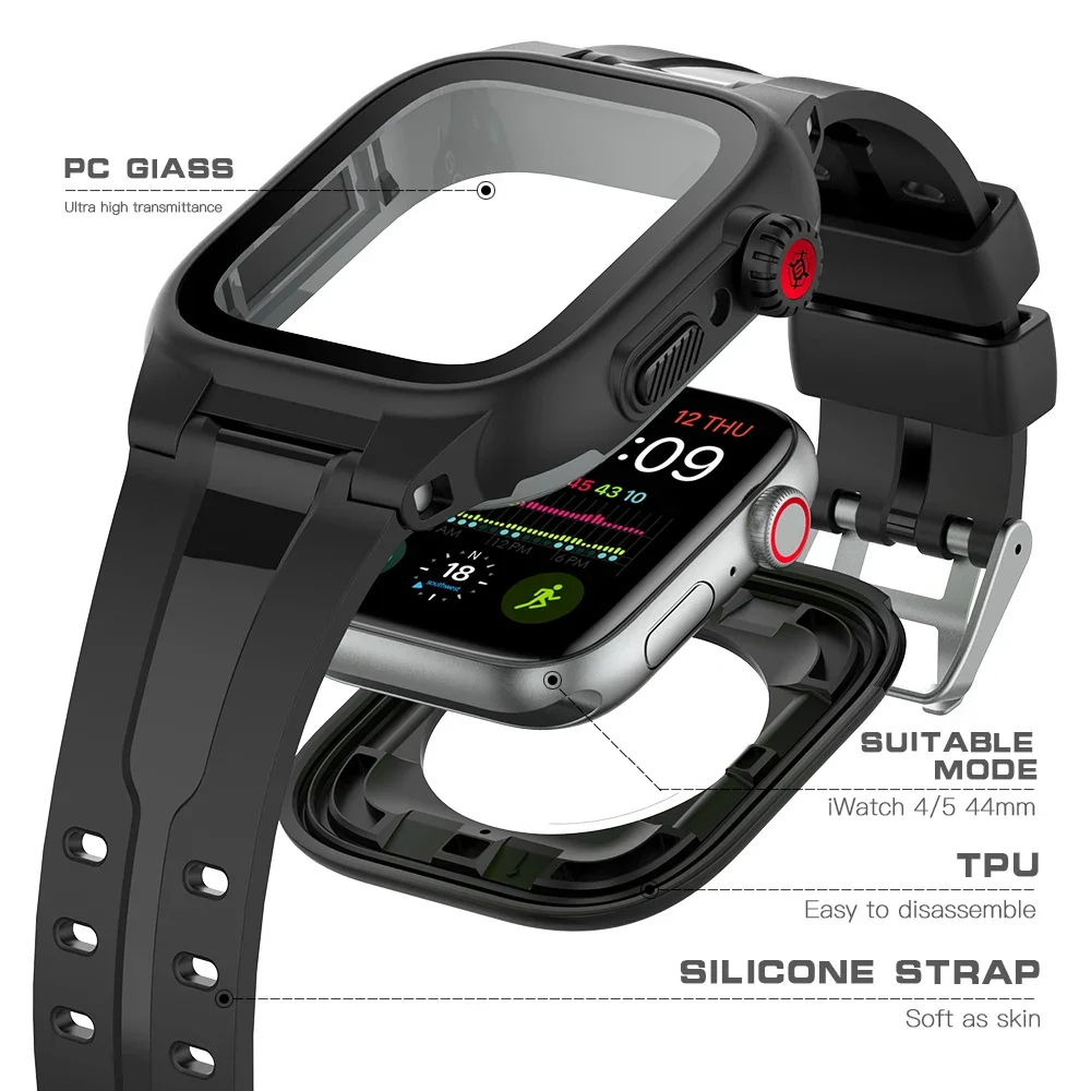 

New Soft Silicone Sports Strap IP68 Waterproof Watch Case For Apple Watch 9 8 7 6 5 4 SE 45mm 44mm 41mm 42mm Outdoor Accessories
