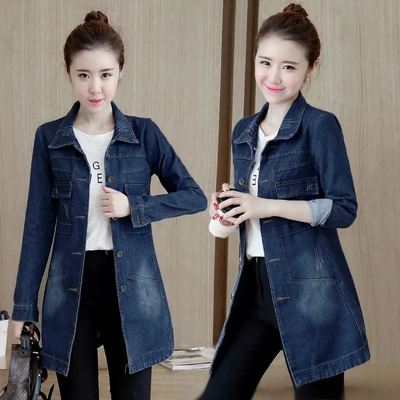 Jeans Jacket Nice Pop Autumn Women Denim Jacket Casual Lapel Denim Coat Buttons Vintage Female Long Cardigan Overcoat S-5XL