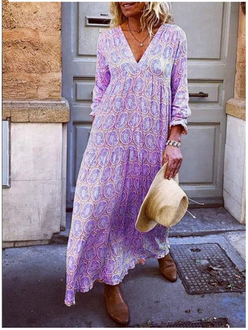 Casual Bohemian Style Beach Dresses For Women Fashion Printed Sexy V-neck Long Sleeve Loose Maxi Dress Vestidos Streetwear 2023