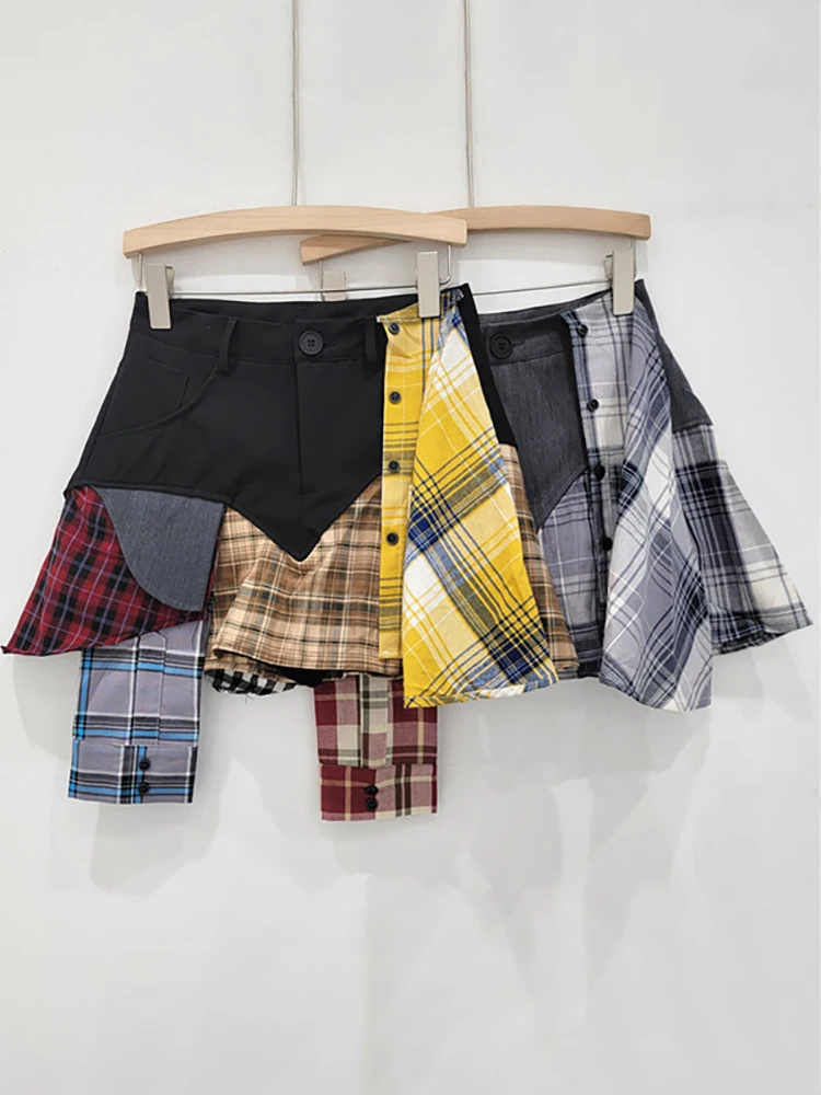 DEAT Women's Skirt High Waist Contrast Color Plaid Patchwork Deconstructed A-line Short Skirts 2025 Spring New Fashion 29L7888