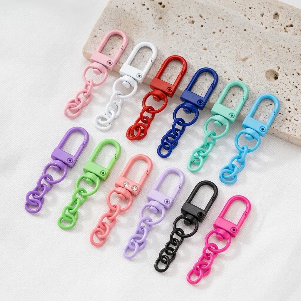 20pcs Keyring Lobster Clasp Spring Buckle With Chains Colored Keychains For Diy Jewelry Making Key Ring Hooks Bags Buckle Crafts