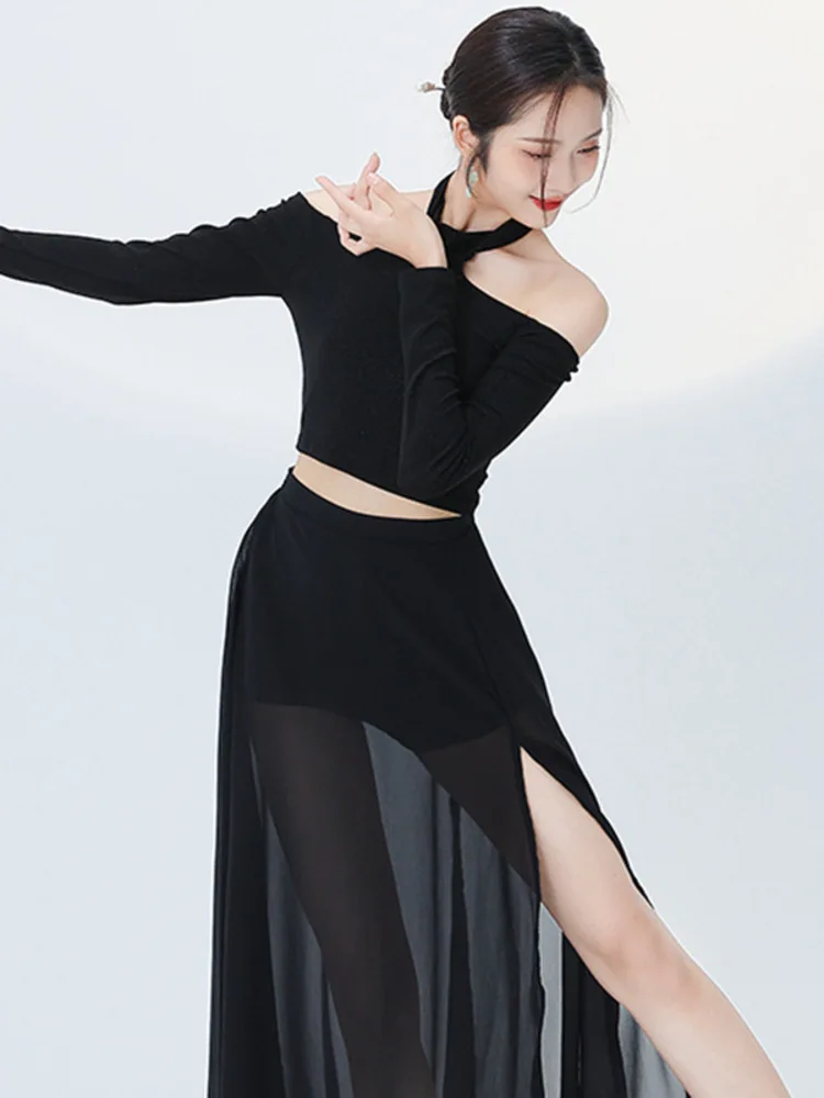 ホルターネック ホルター バックレス 長袖トップ シフォン スプリット スカート バレエ ダンス ステージ衣装 女性 女の子 パフォーマンスウェア