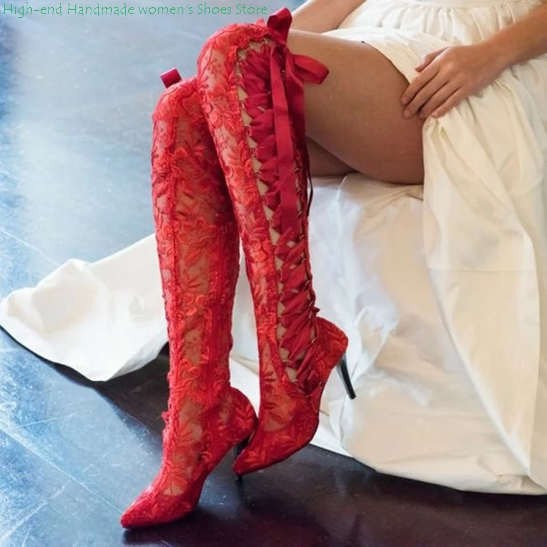 Sexy Lace Hollow Out Stilettos Women's Boots Retro Red Bow Decoration Cross Straps Women's Boots Lolita Luxury Women's Boots
