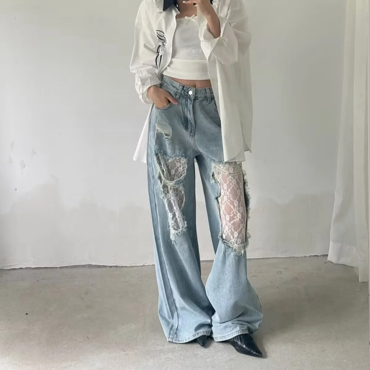 

Широкие брюки, джинсы, женские джинсы с кружевными дырками, высокая талия, потертая уличная одежда, свободные брюки, винтажные длина до пола, 2025 г.