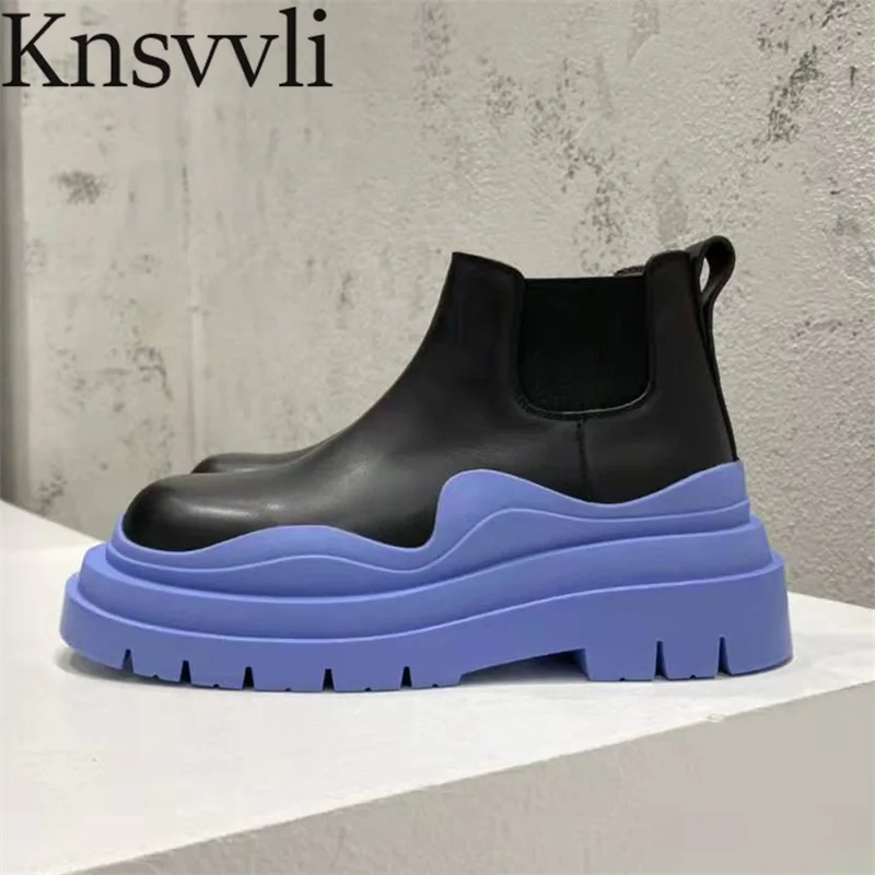 

Thick Sole Chelsea Boots Women Genuine Leather Ankle Boots Flat Platform Shoes Women Round Toe Short Motorcycle Boots Woman