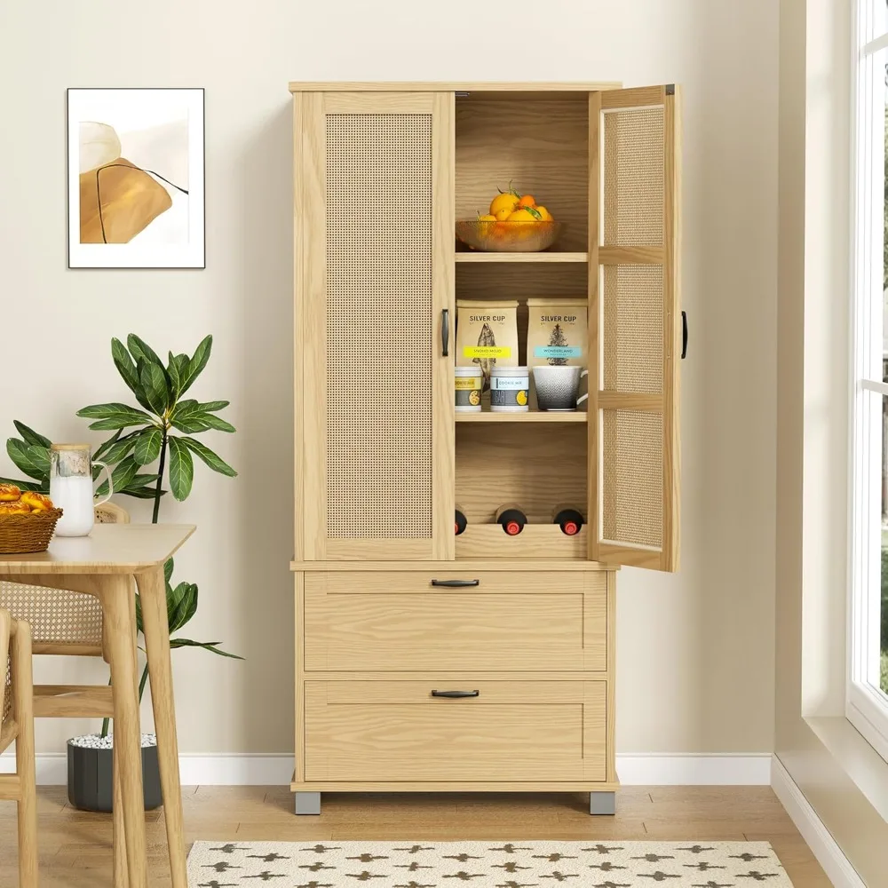 خزانة مخزن المطبخ بطول 64 بوصة من Shintenchi، وخزانة تخزين مع أبواب من الروطان ودرجين، وخزانة فولاذية طويلة من 3 طبقات