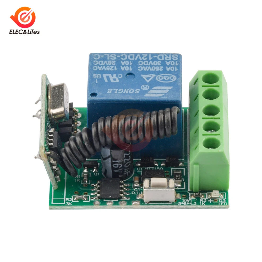 DC 12V 10A Time Delay Relay Switch 433mhz 315mhz RF Smart Wireless Remote Control Receiver 1 Way Self-locking relay MCU decoding