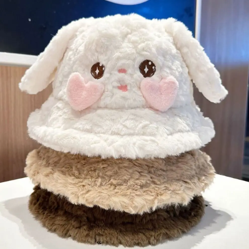 Sombrero de cubo de felpa de alta calidad, gorro de lavabo con diseño de orejas de conejo grandes de dibujos animados, gorro de invierno cálido a prueba de viento para mujer