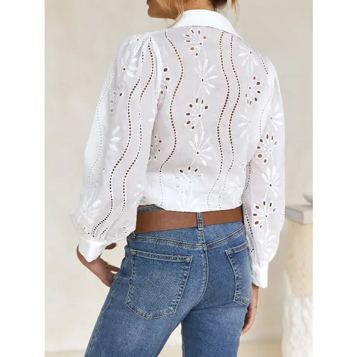 Imagen 2 del producto 2025 otoño nueva camisa sólida Casual suelta moda Hollow Puff manga Cardigan Tops para mujeres Oficina negro ahueca hacia fuera blusas