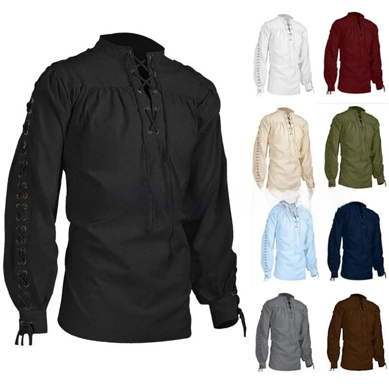 

Men's Long Sleeve Shirt Vintage Style Non-deformable Thin Fabric Pure Color Male Bandages Sved Shirts Wor Shirts for Summer