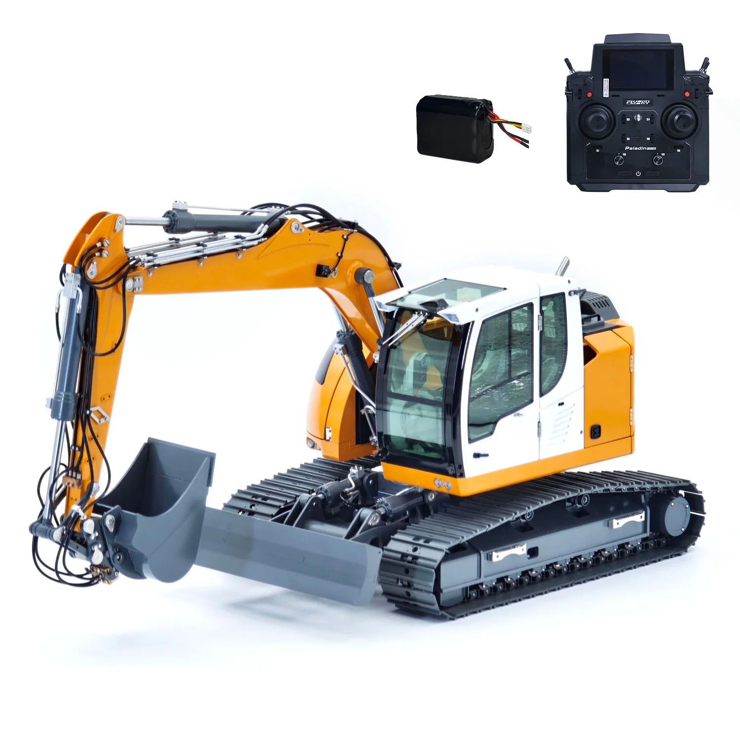 Escavadeira hidráulica de controle remoto 1/14 7CH R920 JDM-208 2 braços Metal RC Digger Flysky PL18 EV Lite Sistema de som Acoplador rápido