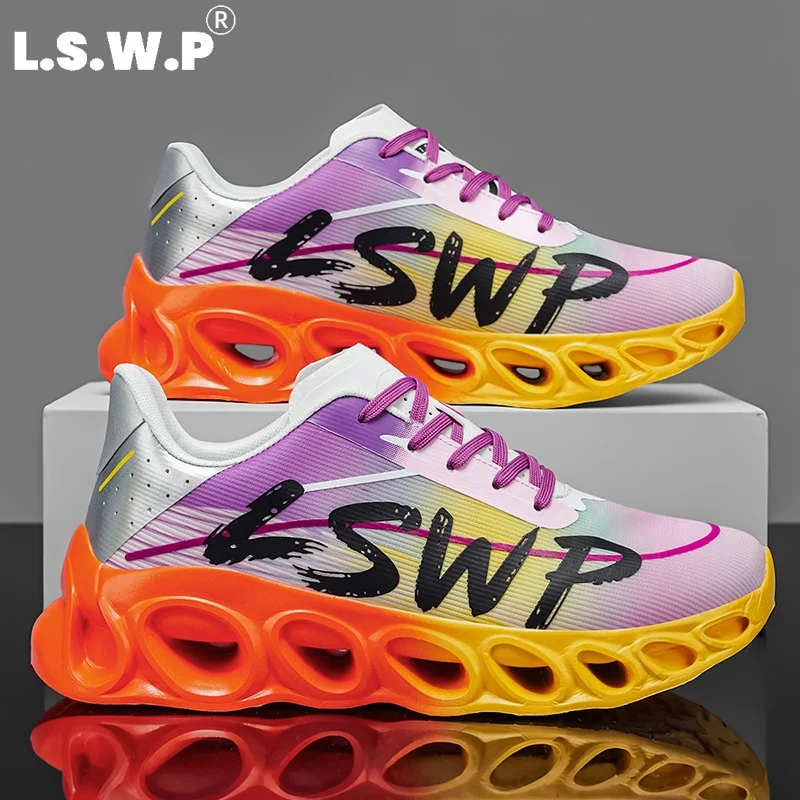 Casual Sports Shoes, Korean-Style Trendy Men's Sports Running Shoes, Hollow-Out Cushioning, Thick-Soled, Mesh Breathable, Lightweight Men's Shoes, Personalized Letter Pattern, Lace-Up Casual Shoes, Youth Daily Travel, Fitness Training, Multi-Color Men's Shoes