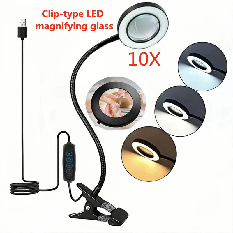 10X Magnifying Glass With 3 Color Modes LED Lighted Desk Lamp LED Magnifier Lamp for Reading Crafting Painting Close Work