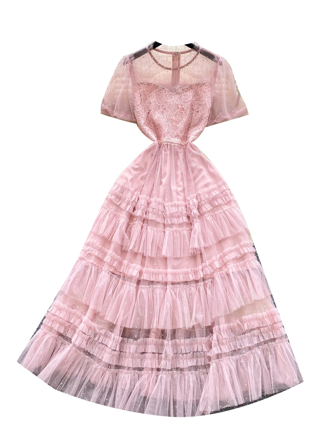 Vestido de Verão Luxuoso com Mangas em Renda e Cintura Ajustada, Saia em Rede, Saia em Camadas, Vestido A-Line de Cintura Alta