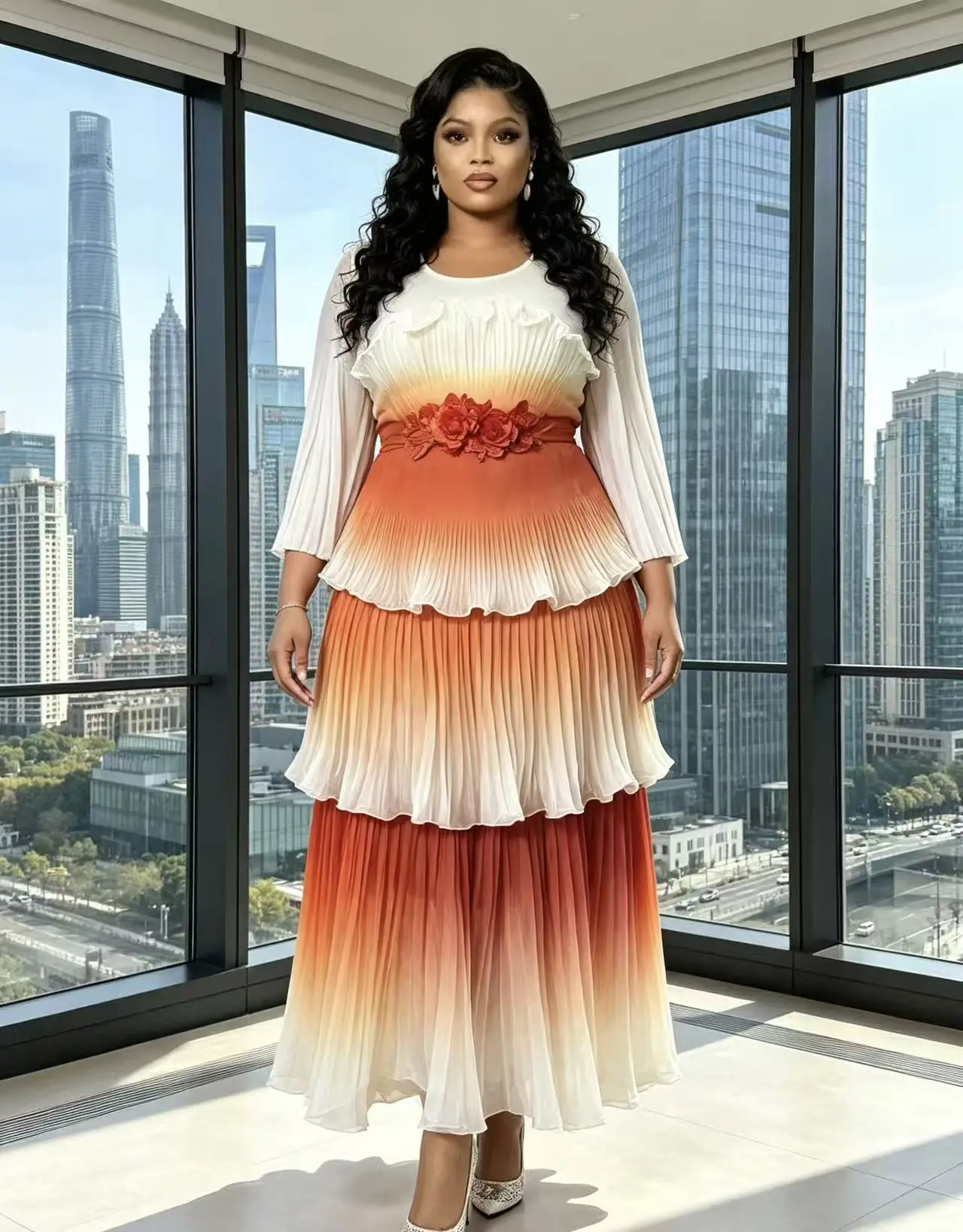 Miyake 2026 New High-end Banquet Pleated Dress Fungus Edge Decorative Printing Gradual Change Light Luxury Dress - view 3