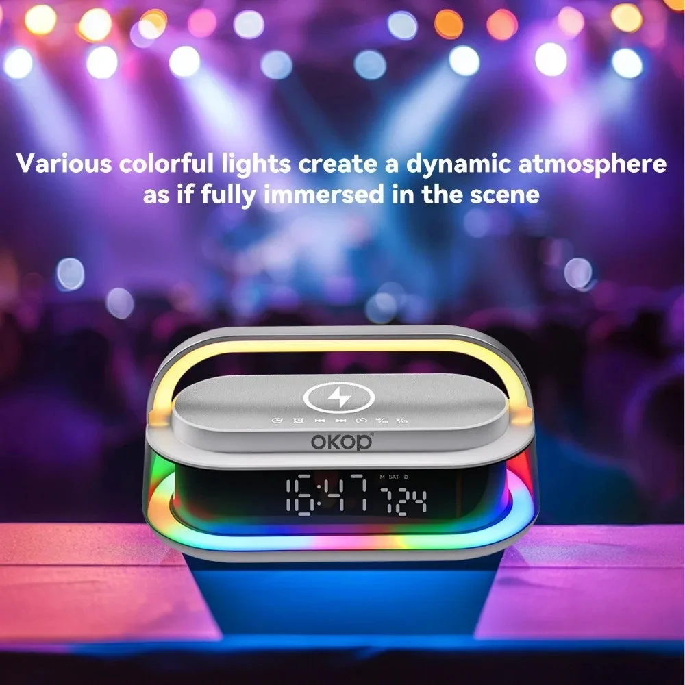 OKOP 4-in-1 Functionality Bluetooth Speaker Smart Alarm Clock Wireless Charger & RGB Night Light Subwoofer Колонка Speak