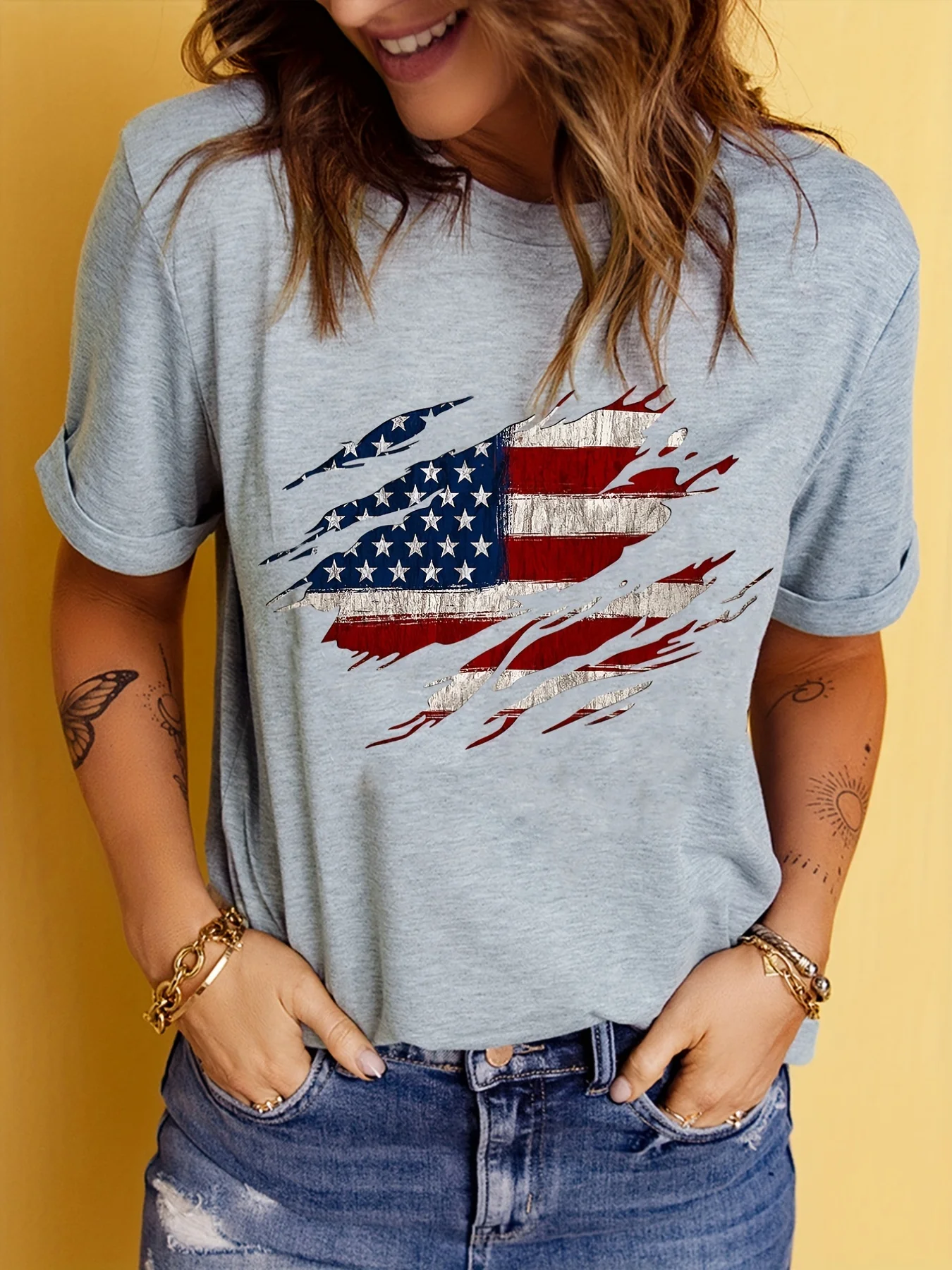 American Flag Print T-Shirt, Independence Day Short Sleeve Crew Neck Casual Top For Summer & Spring, Women\'s Clothing