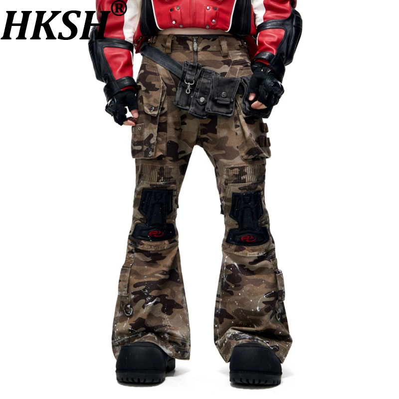 

HKSH Spring Autumn New Men Dark Flared Camouflage Patchwork Cargo Pants Gush Ink Fashion Tide Safari Style Punk Techwear HK16712