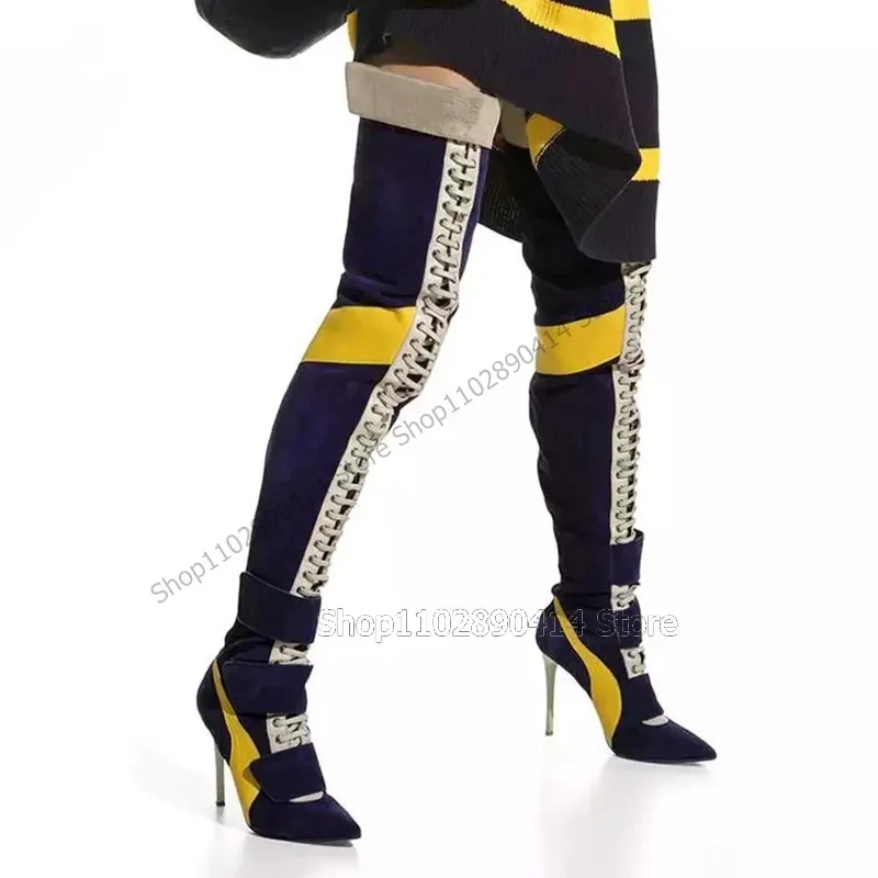 

Mixed Color Hook Design Pointed Toe Boots Lace Up Women Shoes Thin High Heels Fashion Banquet Runway 2023 Zapatos Para Mujere